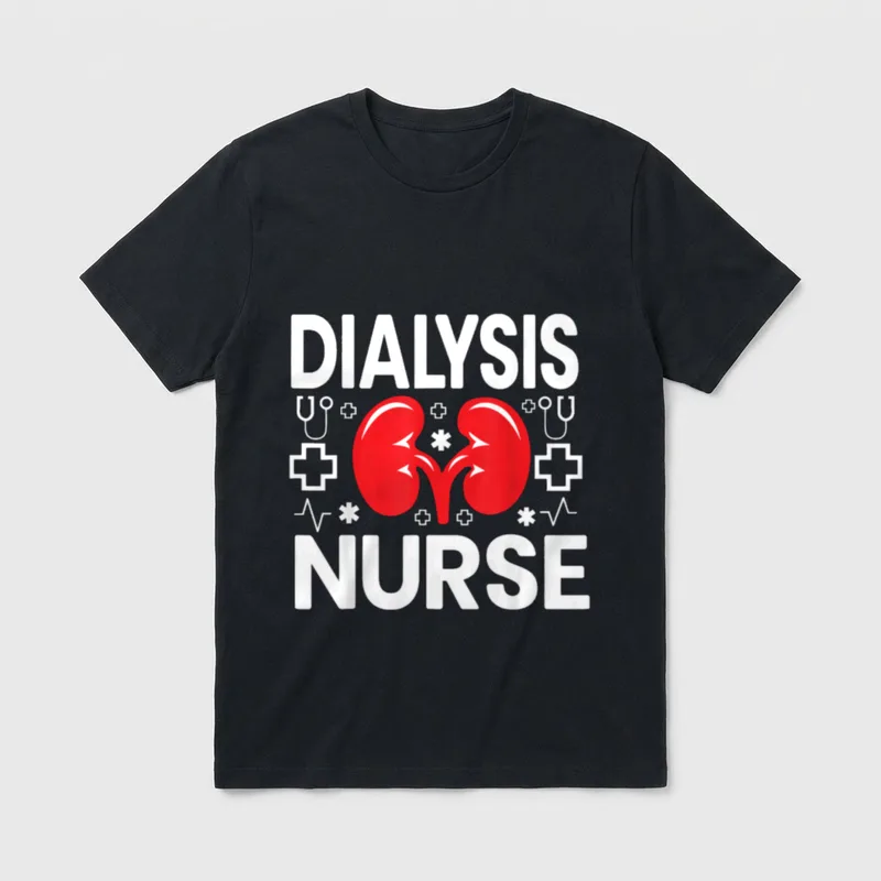 Dialysis Nurse Doctor T-Shirt – Red kidneys flanked by stethoscopes and DIALYSIS NURSE text – Classic T-Shirt in Black