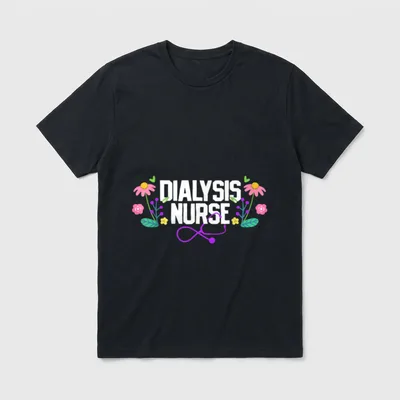 Dialysis Nurse Bottom T-Shirt – DIALYSIS NURSE in block lettering with flowers and stethoscope – Classic T-Shirt in Black