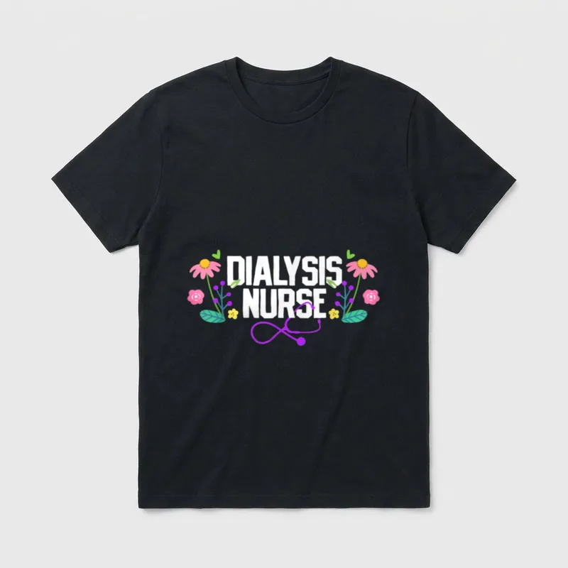 Dialysis Nurse Bottom T-Shirt – DIALYSIS NURSE in block lettering with flowers and stethoscope – Classic T-Shirt in Black