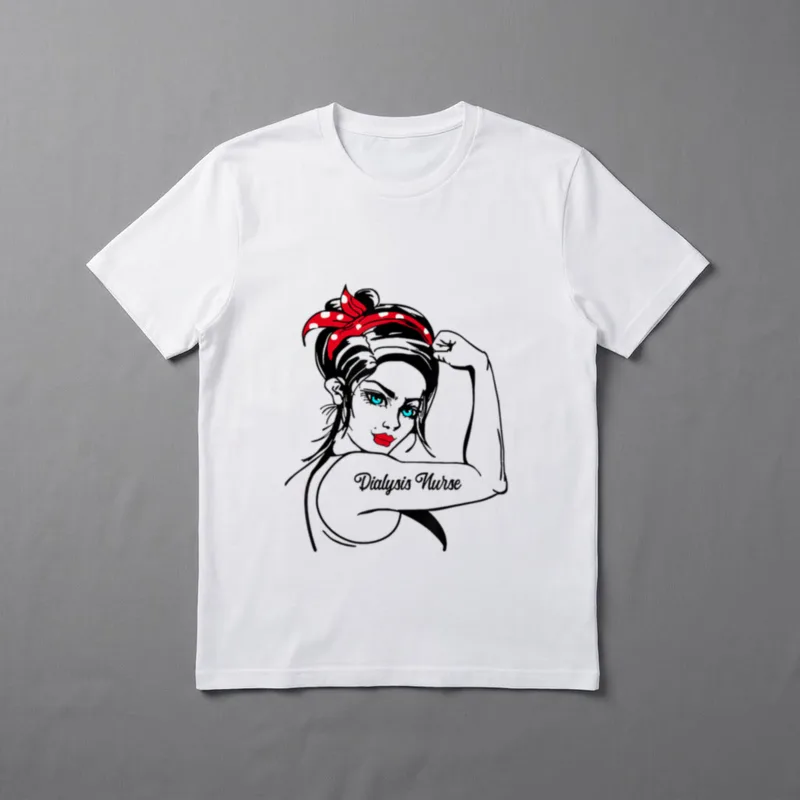 Female Dialysis Nurse Rosie the Riveter T-Shirt – “Dialysis Nurse” script tattoo on flexing arm – Classic T-Shirt in Black