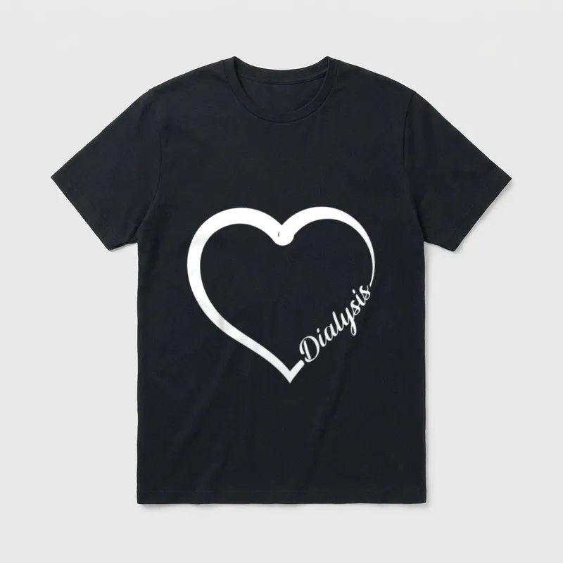 Dialysis Nurse Tech Technician Heart T-Shirt – Heart outline shaped by the cursive word Dialysis – Classic T-Shirt in Black