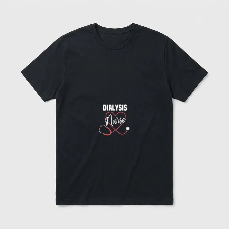 Dialysis Nurse Crafted T-Shirt – DIALYSIS Nurse lettering with a red heart-shaped stethoscope – Classic T-Shirt in Black