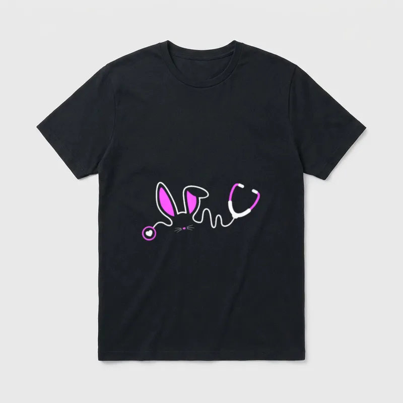 Nurse Doctor Egg Ears T-Shirt – Stethoscope line art forming rabbit ears, whiskers, and a heart – Classic T-Shirt in Black