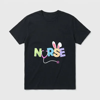 Cute Easter Nurse T-Shirt – Patterned NURSE letters with stethoscope and bunny ears – Classic T-Shirt in Black