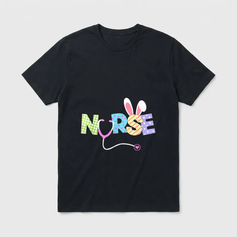 Cute Easter Nurse T-Shirt – Patterned NURSE letters with stethoscope and bunny ears – Classic T-Shirt in Black