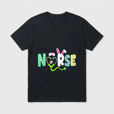 Easter Nurse Bunny Eggs T-Shirt – The word “NURSE” formed with bunny ears, eggs, and a stethoscope – Classic T-Shirt in Black