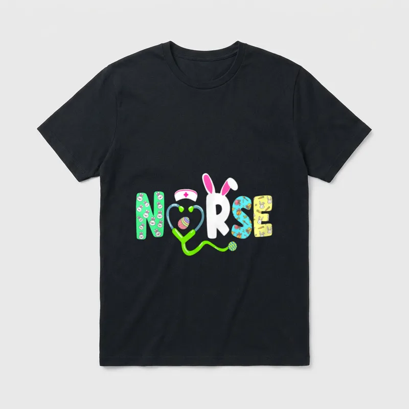 Easter Nurse Bunny Eggs T-Shirt – The word “NURSE” formed with bunny ears, eggs, and a stethoscope – Classic T-Shirt in Black