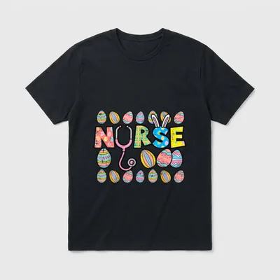Spring Squad Nurse T-Shirt – NURSE lettering with stethoscope and Easter eggs – Classic T-Shirt in Black