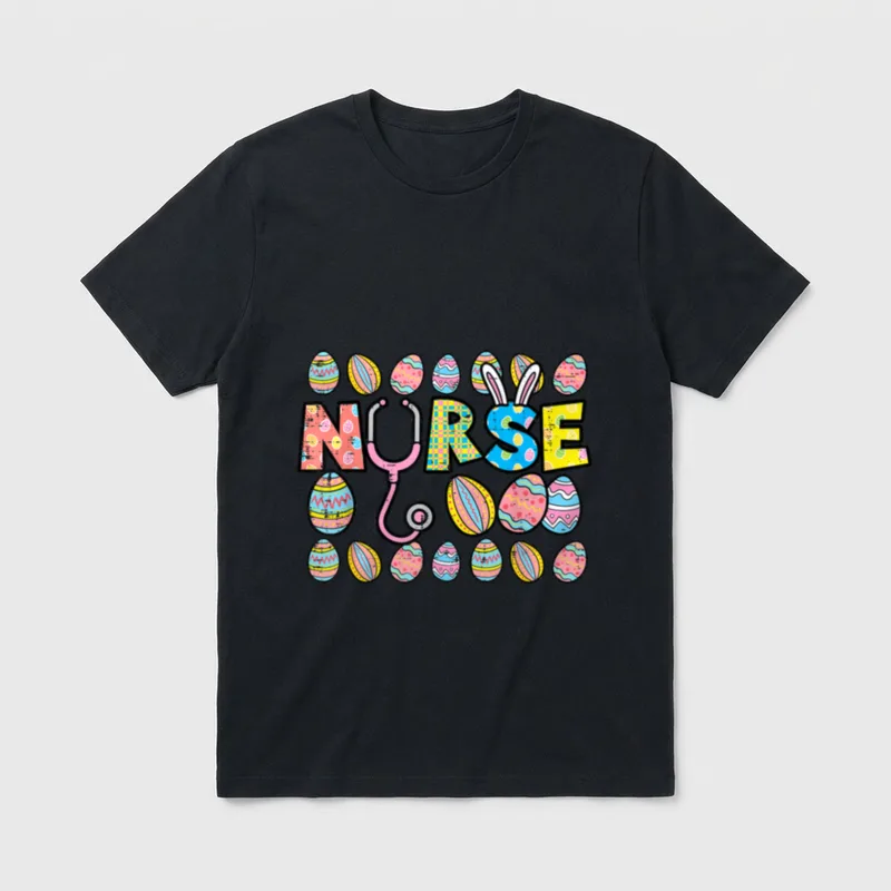 Spring Squad Nurse T-Shirt – NURSE lettering with stethoscope and Easter eggs – Classic T-Shirt in Black