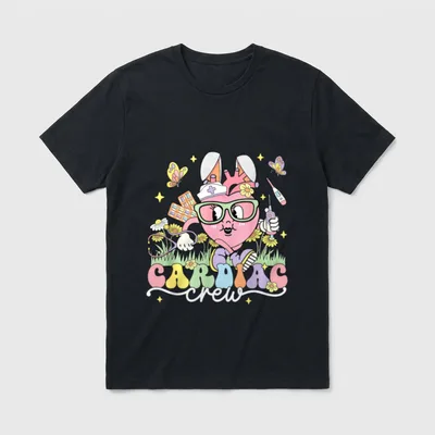 Easter Bunny Cardiac Nurse T-Shirt – Cartoon heart with bunny ears, stethoscope, and CARDIAC crew – Classic T-Shirt in Black