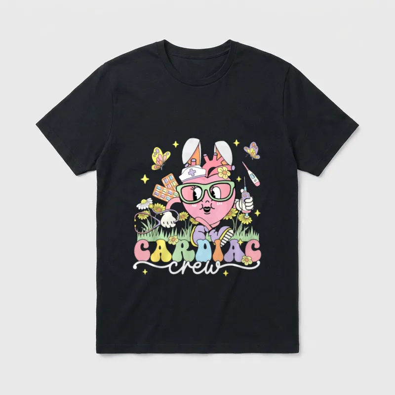 Easter Bunny Cardiac Nurse T-Shirt – Cartoon heart with bunny ears, stethoscope, and CARDIAC crew – Classic T-Shirt in Black