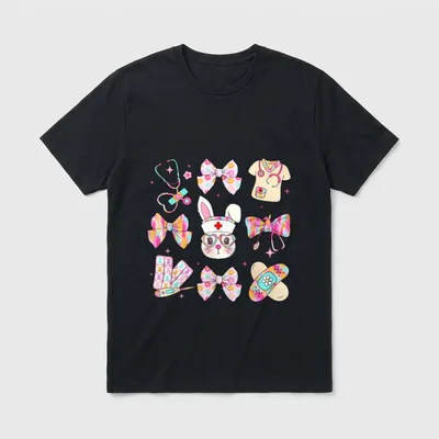 Easter Nurse Coquette Bow Happy Bunny T-Shirt – Classic T-Shirt in Black