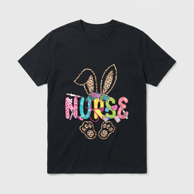 Easter Nurse Bunny Leopard Crew Stethoscope T-Shirt – Classic T-Shirt in Black
