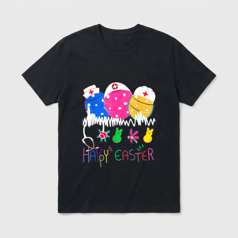 Bunny Egg Nurse T-Shirt – Easter eggs wearing nurse caps with stethoscope and bunny silhouettes – Classic T-Shirt in Black