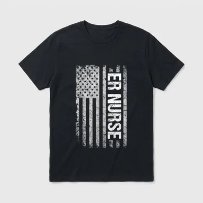 Emergency Room Nurse Shirt – Distressed American flag with vertical ER NURSE text – Classic T-Shirt in Black