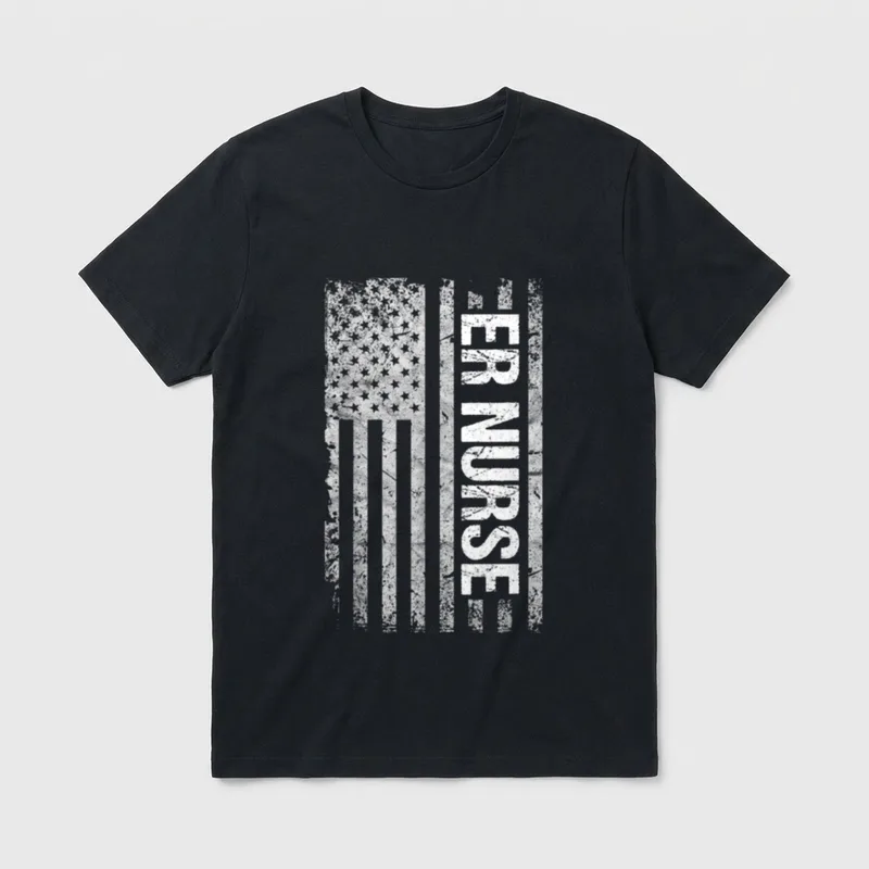 Emergency Room Nurse Shirt – Distressed American flag with vertical ER NURSE text – Classic T-Shirt in Black