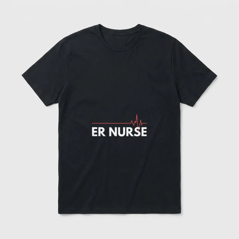 ER NURSE Emergency Room Nursing RN T-Shirt – White ER NURSE letters beneath a red heartbeat line – Classic T-Shirt in Black