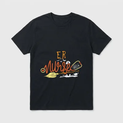 ER Nurse Halloween Shirt – ER Nurse lettering with witch broom and stethoscope artwork – Classic T-Shirt in Black