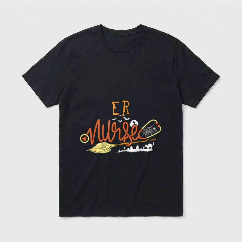ER Nurse Halloween Shirt – ER Nurse lettering with witch broom and stethoscope artwork – Classic T-Shirt in Black