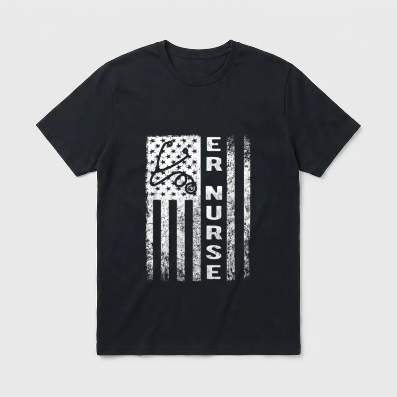 ER Nurse Flag T-Shirt – ER NURSE lettering with distressed American flag and stethoscope – Classic T-Shirt in Black