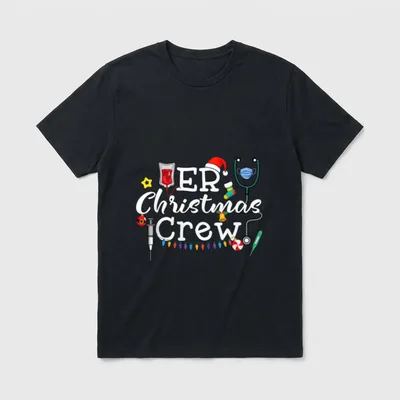 ER Nurse Christmas Shirt – ER Christmas Crew lettering with medical gear and holiday decorations – Classic T-Shirt in Black