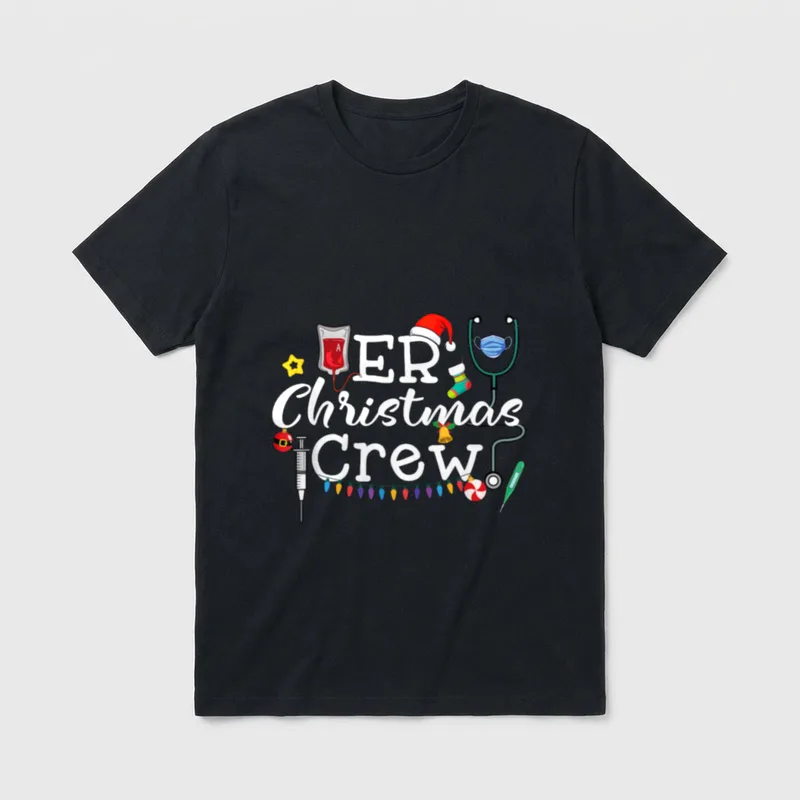 ER Nurse Christmas Shirt – ER Christmas Crew lettering with medical gear and holiday decorations – Classic T-Shirt in Black
