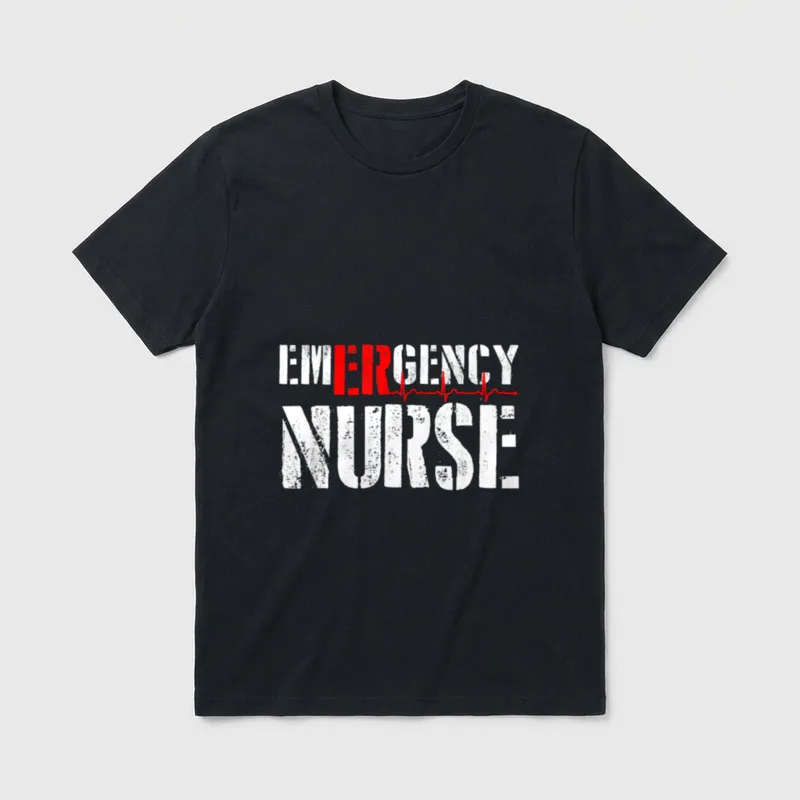 Emergency Room Nurse ER T-Shirt – EMERGENCY NURSE lettering with red ER and heartbeat line – Classic T-Shirt in Black