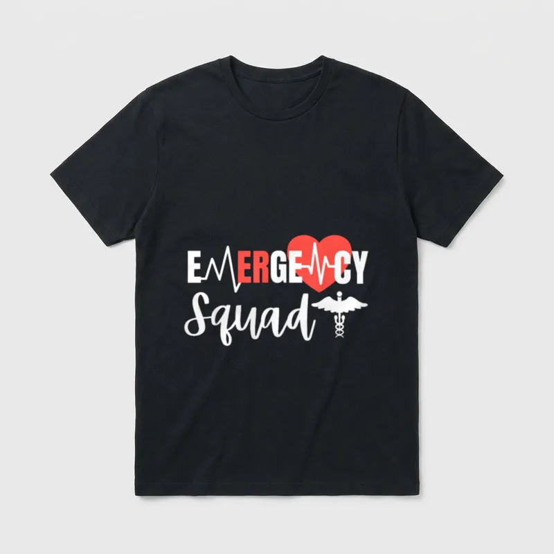 Emergency Squad ER Room Hospital T-Shirt – EMERGENCY Squad text with red heart and caduceus – Classic T-Shirt in Black