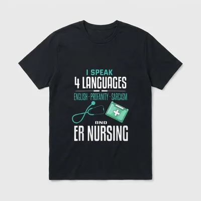 Funny Emergency Nurse T-Shirt – Stethoscope, emergency kit, and humorous multilingual nursing text – Classic T-Shirt in Black