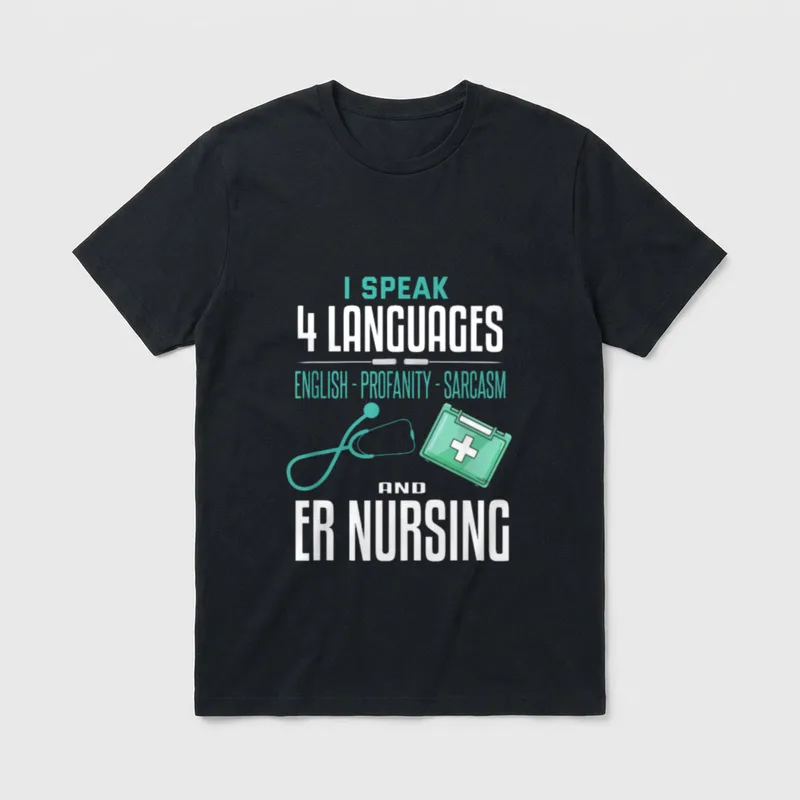 Funny Emergency Nurse T-Shirt – Stethoscope, emergency kit, and humorous multilingual nursing text – Classic T-Shirt in Black