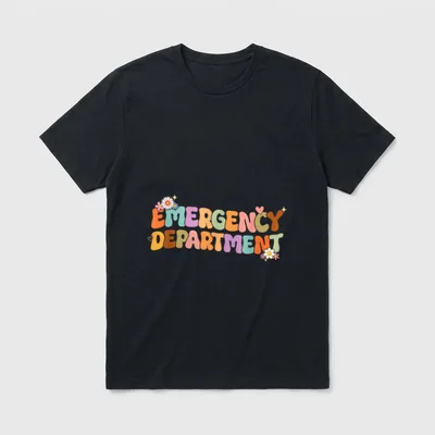 Groovy Emergency Nurse ED ER Room T-Shirt – EMERGENCY DEPARTMENT in colorful retro lettering – Classic T-Shirt in Black