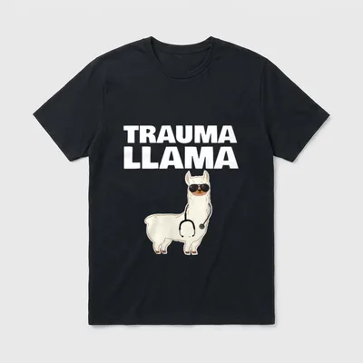 Nurse Trauma Llama T-Shirt – TRAUMA LLAMA text with a llama wearing sunglasses and a stethoscope – Classic T-Shirt in Black