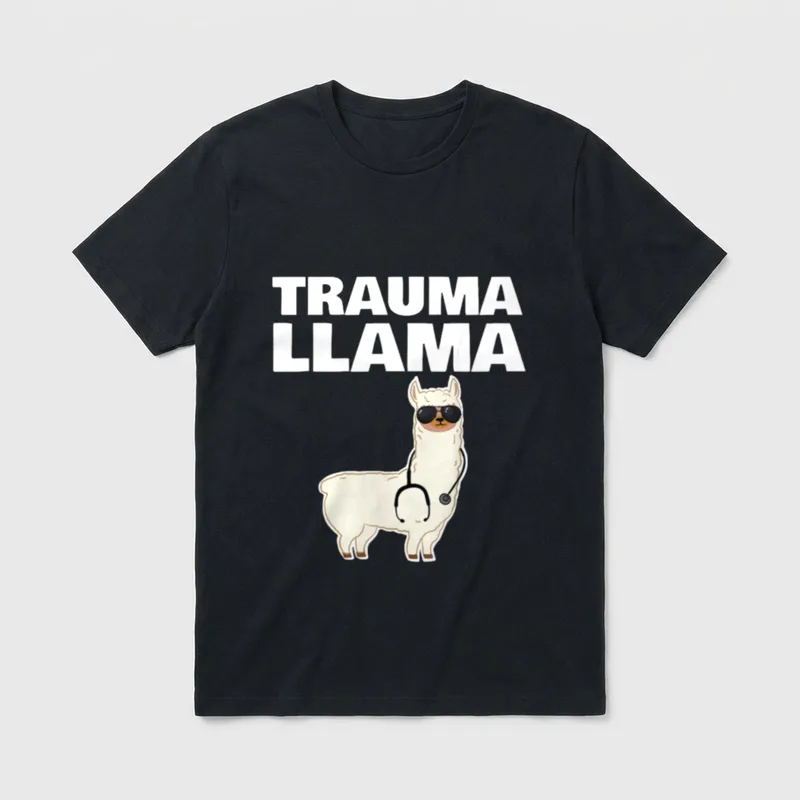 Nurse Trauma Llama T-Shirt – TRAUMA LLAMA text with a llama wearing sunglasses and a stethoscope – Classic T-Shirt in Black