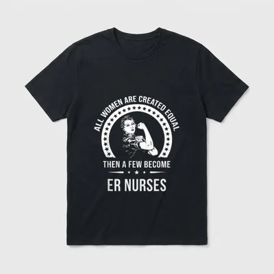 ER Nurse Created T-Shirt – Classic flexing woman emblem with ER nurse lettering and stars – Classic T-Shirt in Black