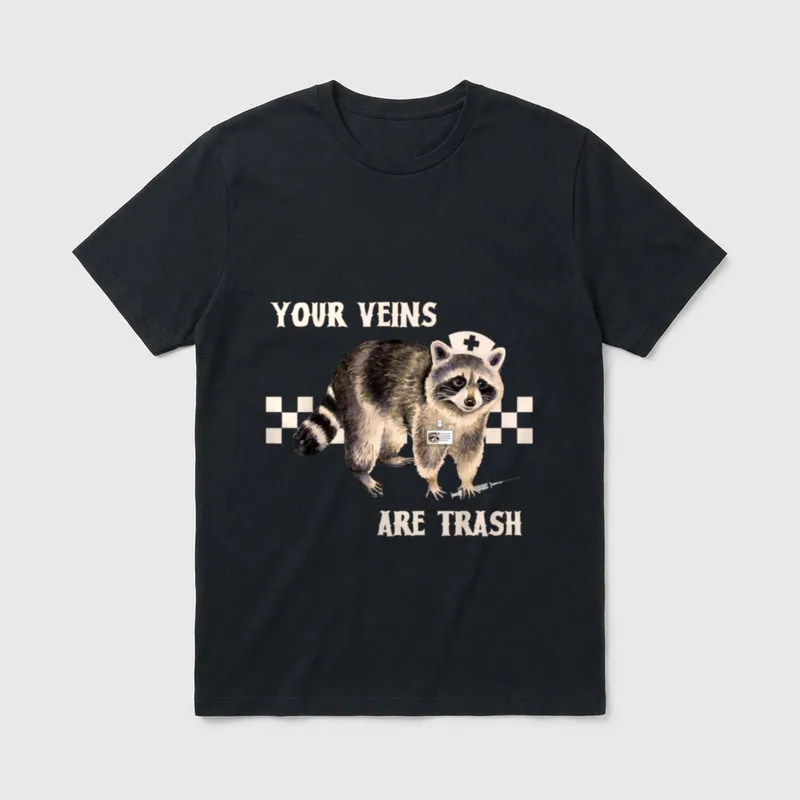 Veins Are Trash Funny Raccoon Nurse T-Shirt – Classic T-Shirt in Black