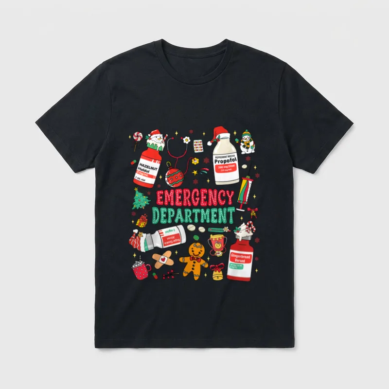 Christmas Emergency Room ER RN Nurse T-Shirt – EMERGENCY DEPARTMENT and holiday medication bottles – Classic T-Shirt in Black
