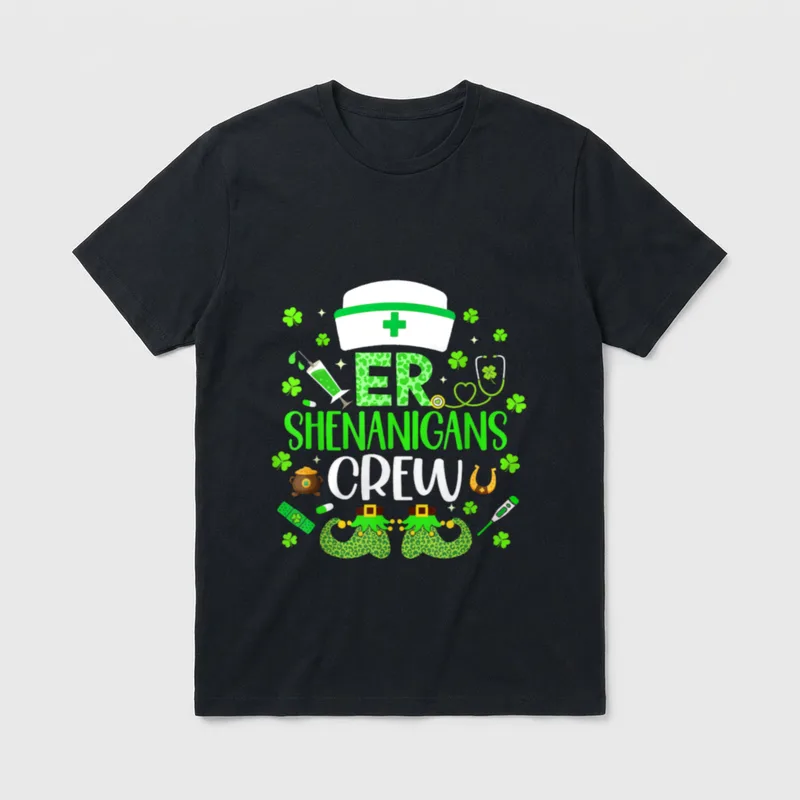 St Day Nurse Crew ER Shenanigans T-Shirt – ER Shenanigans Crew text with nurse hat and clovers – Classic T-Shirt in Black
