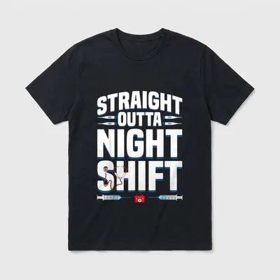 Night Shift Nurse Profession T-Shirt – Straight Outta Night Shift text with medical equipment – Classic T-Shirt in Black