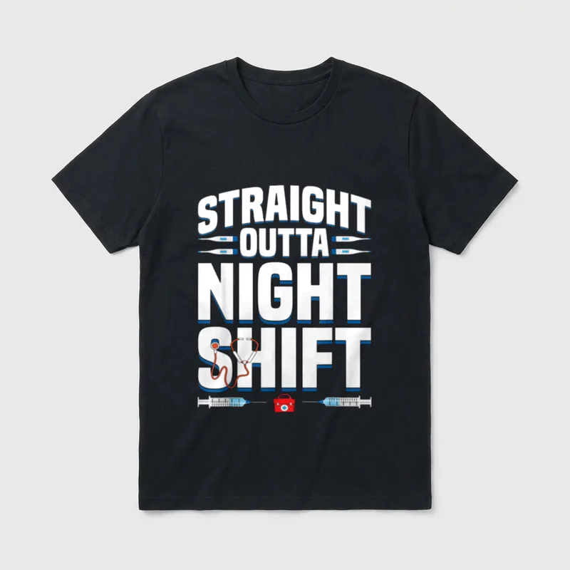 Night Shift Nurse Profession T-Shirt – Straight Outta Night Shift text with medical equipment – Classic T-Shirt in Black
