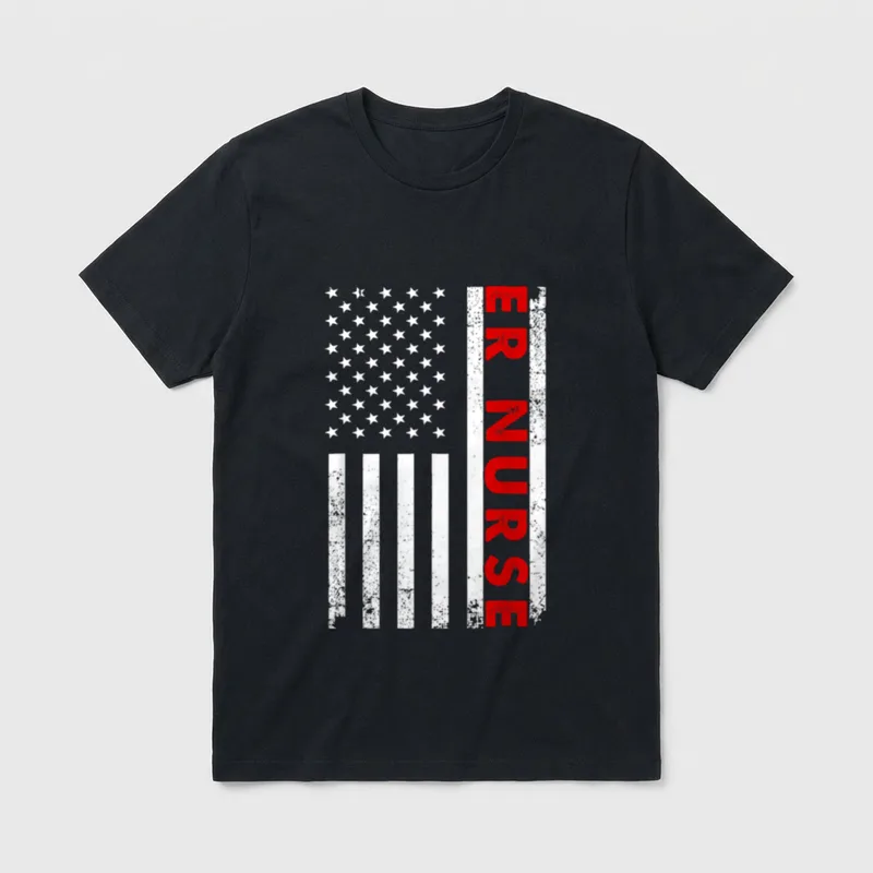 Cool ER Nurse T-Shirt – Distressed American flag graphic featuring red ER NURSE lettering – Classic T-Shirt in Black