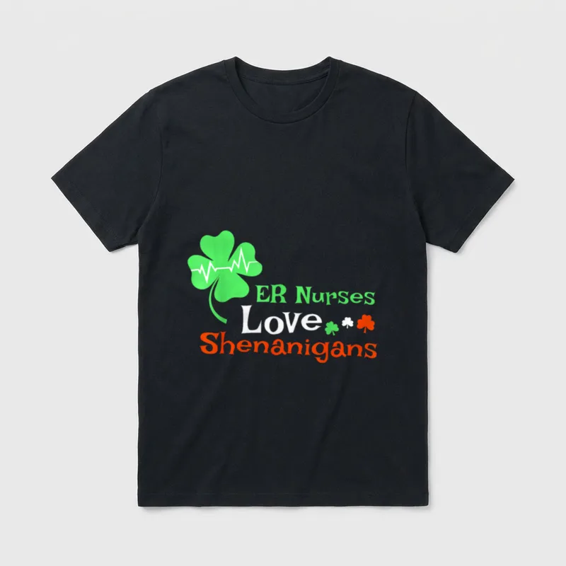 ER Nurses Shenanigans St Patrick Day T-Shirt – ER Nurses Love Shenanigans with an EKG clover – Classic T-Shirt in Black