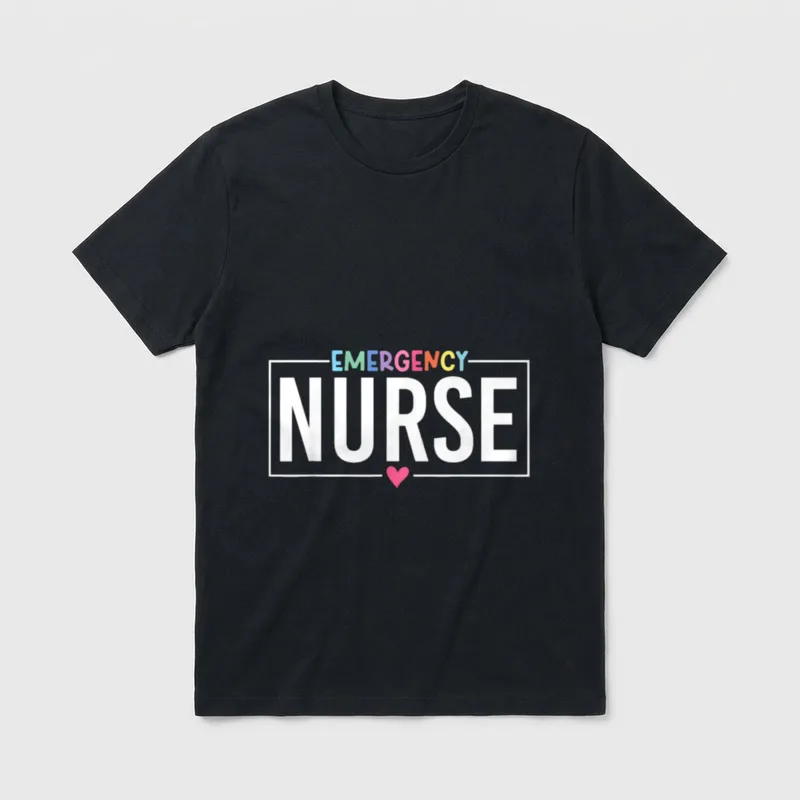 Emergency Nurse ER Room School Nursing T-Shirt – EMERGENCY NURSE lettering with a small pink heart – Classic T-Shirt in Black