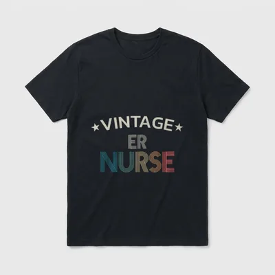 Vintage ER Nurse Retro T-Shirt – Arched Vintage lettering with stars above striped ER Nurse text – Classic T-Shirt in Black
