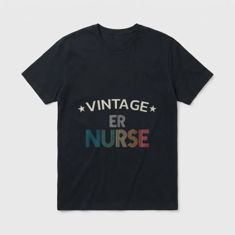 Vintage ER Nurse Retro T-Shirt – Arched Vintage lettering with stars above striped ER Nurse text – Classic T-Shirt in Black