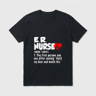 ER Nurse Definition T-Shirt – E.R. NURSE definition text with a red heart and pulse line – Classic T-Shirt in Black