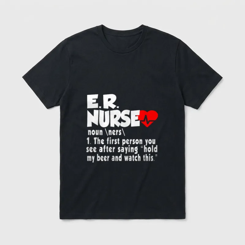 ER Nurse Definition T-Shirt – E.R. NURSE definition text with a red heart and pulse line – Classic T-Shirt in Black