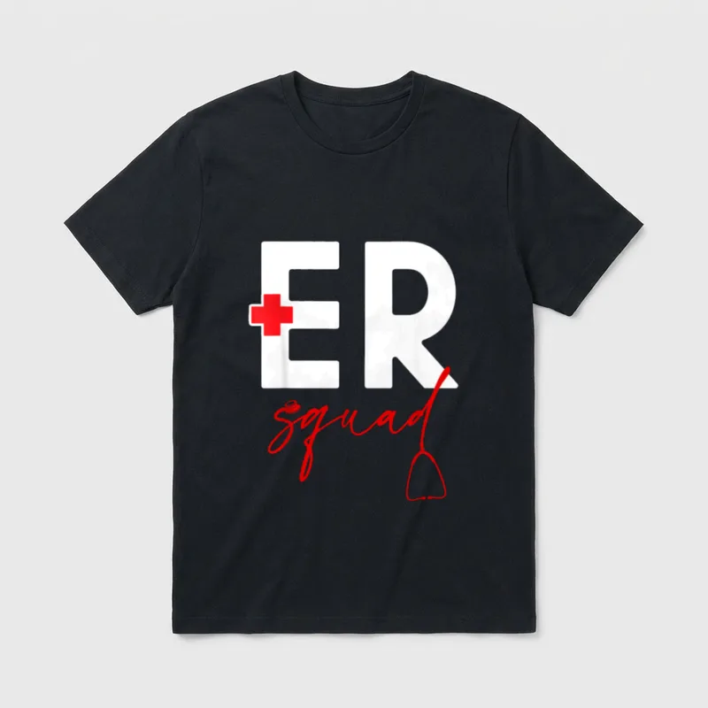 ER Nurse Print T-Shirt – White ER lettering with red cross and red script squad stethoscope – Classic T-Shirt in Black