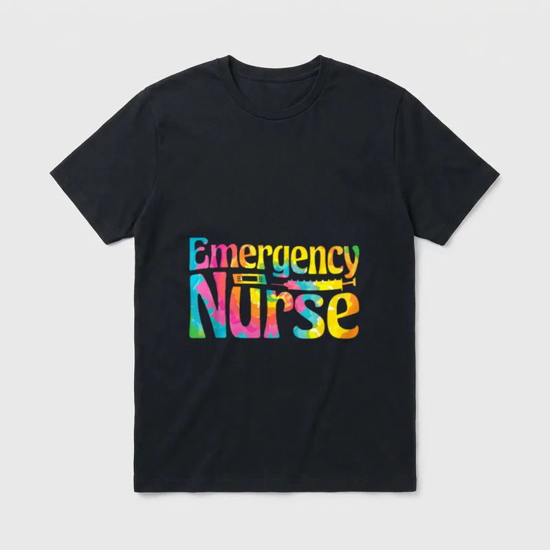 emergency nurse t-shirt – Colorful Emergency Nurse text with bandage and syringe – Classic T-Shirt in Black