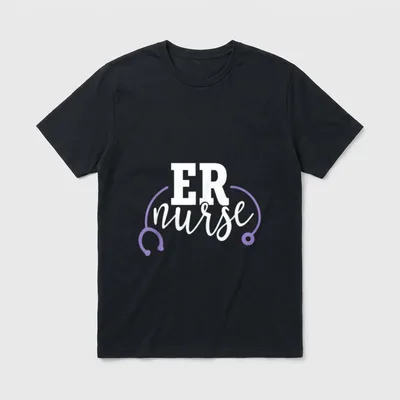 Cute ER Nurse T-Shirt – White ER nurse lettering with a purple stethoscope – Classic T-Shirt in Black