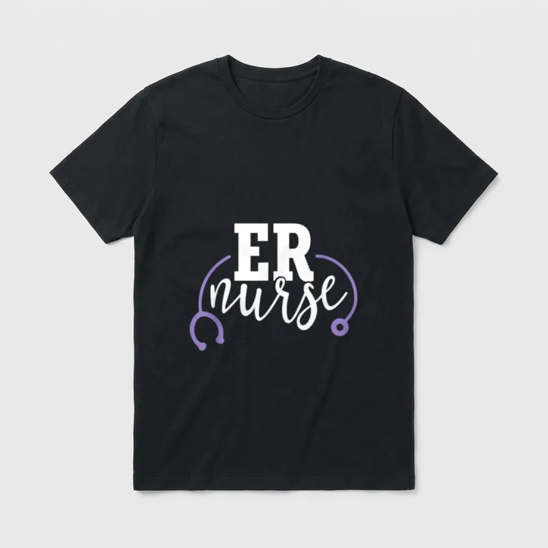 Cute ER Nurse T-Shirt – White ER nurse lettering with a purple stethoscope – Classic T-Shirt in Black